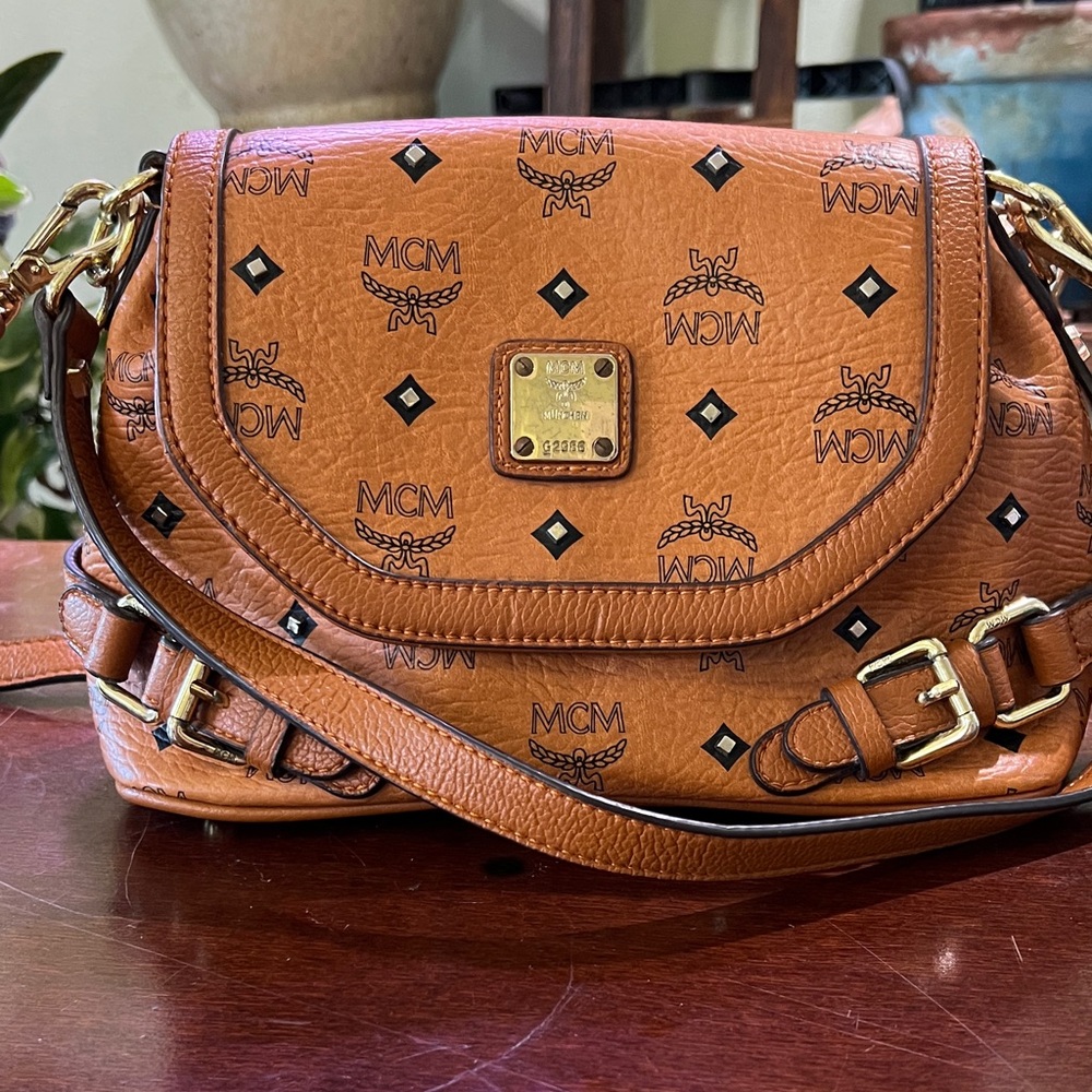 MCM Cognac Visetos Crossbody Bag with Gold Accents
